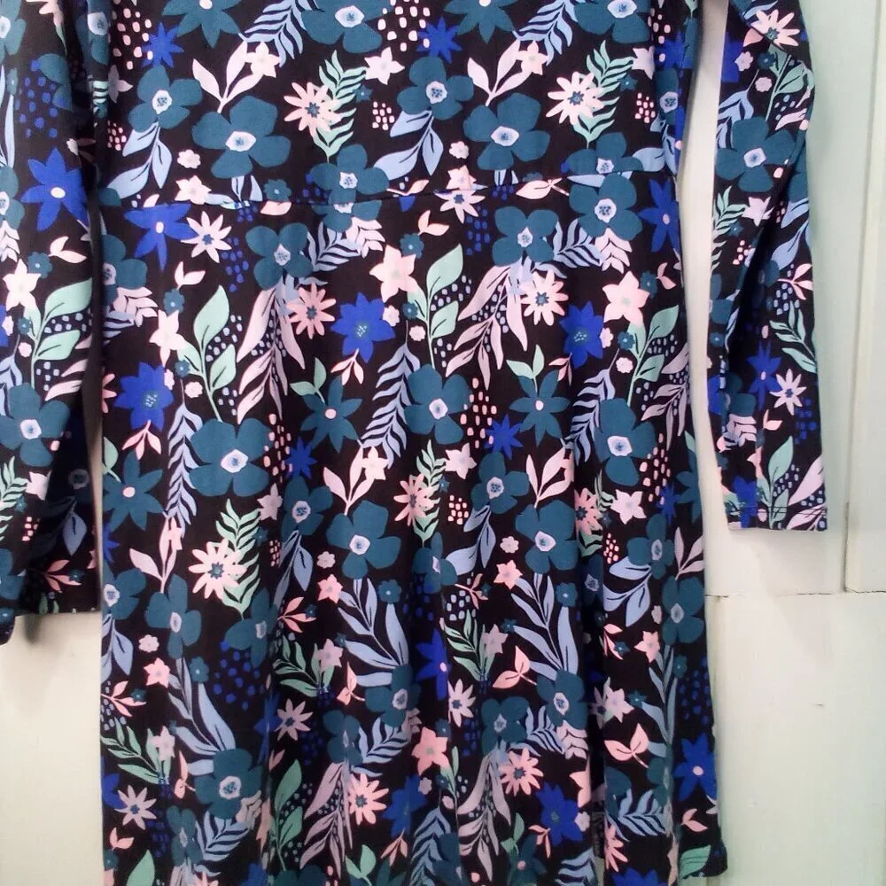 Justice Dress Girls 14 Plus Long Sleeve Floral Pattern Black Blue
